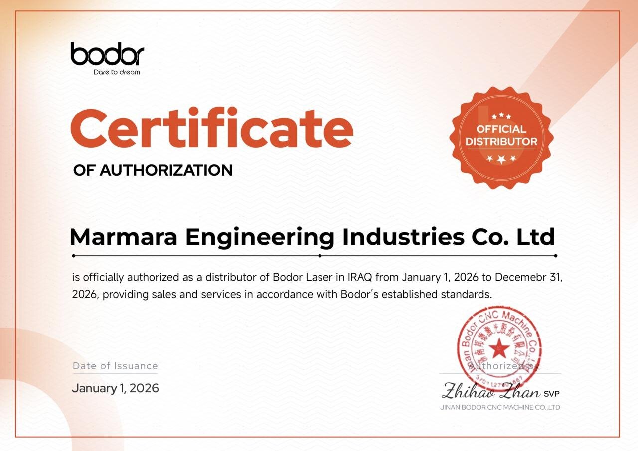 Certificate of Authorization — Marmara Engineering Industries Co. Ltd, officially authorized Bodor Laser distributor in Iraq